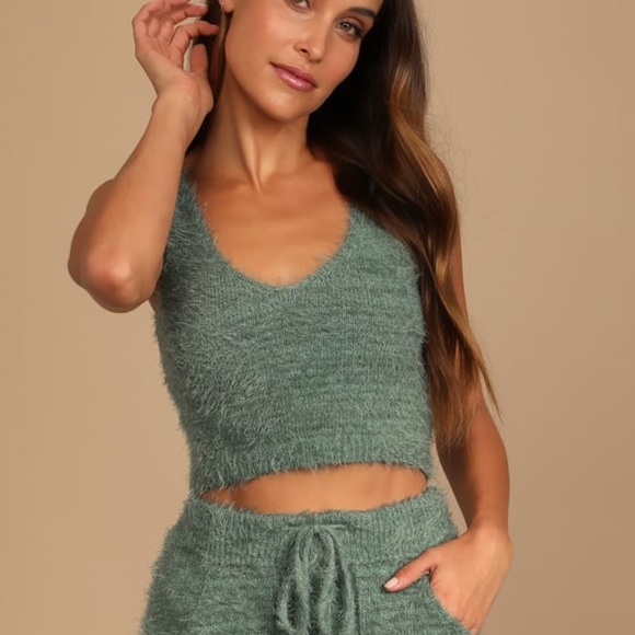 Lulu’s Road To Cozy Sage Green Fuzzy Cropped Tank Top - Picture 3 of 4